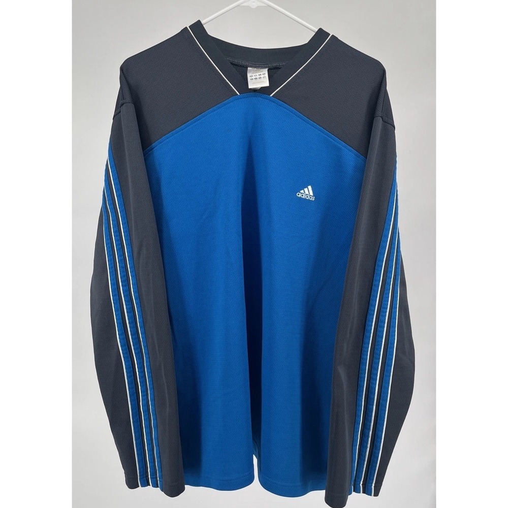 VTG Adidas Long Sleeve Heavyweight Shirt Size XL Electric Blue White Stripes Y2K